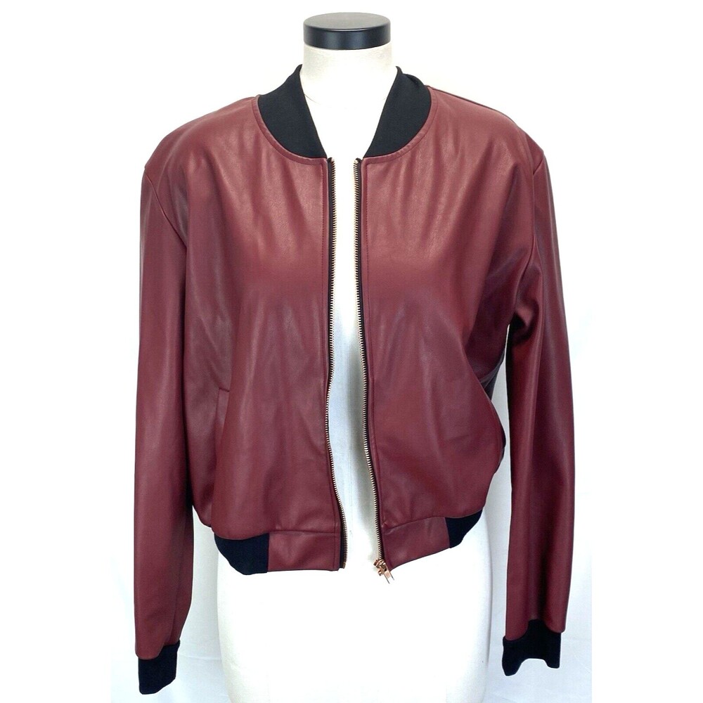 Lularoe Women's M Faux Leather Stevie Bomber Jacket Red/Black w/ Bronze Zipper